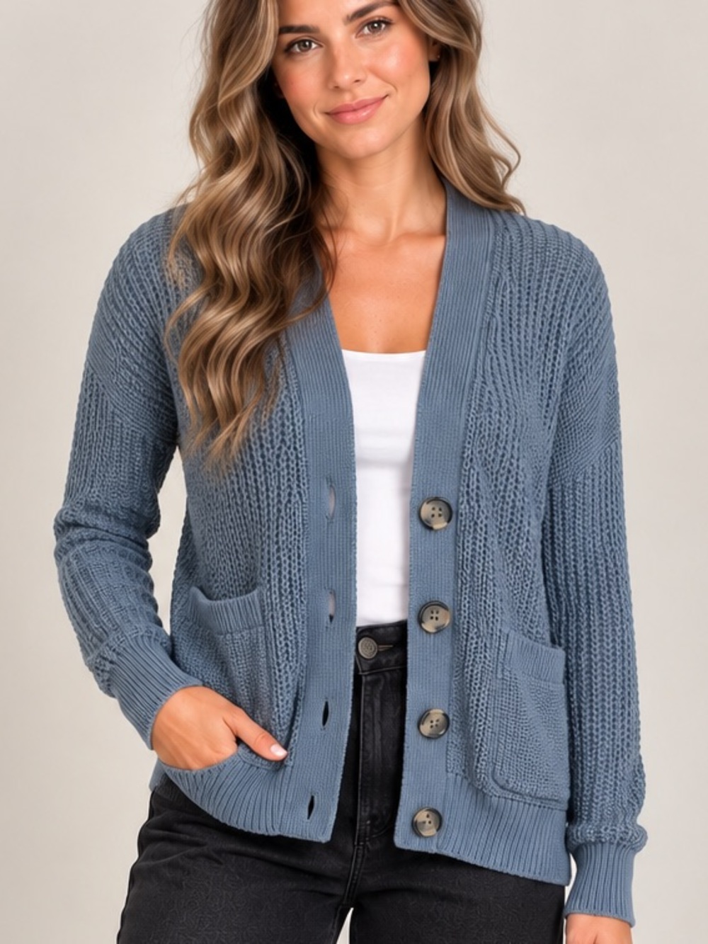 GAP 100% Cotton Chunky Knit Button Front Cardigan Blue M
